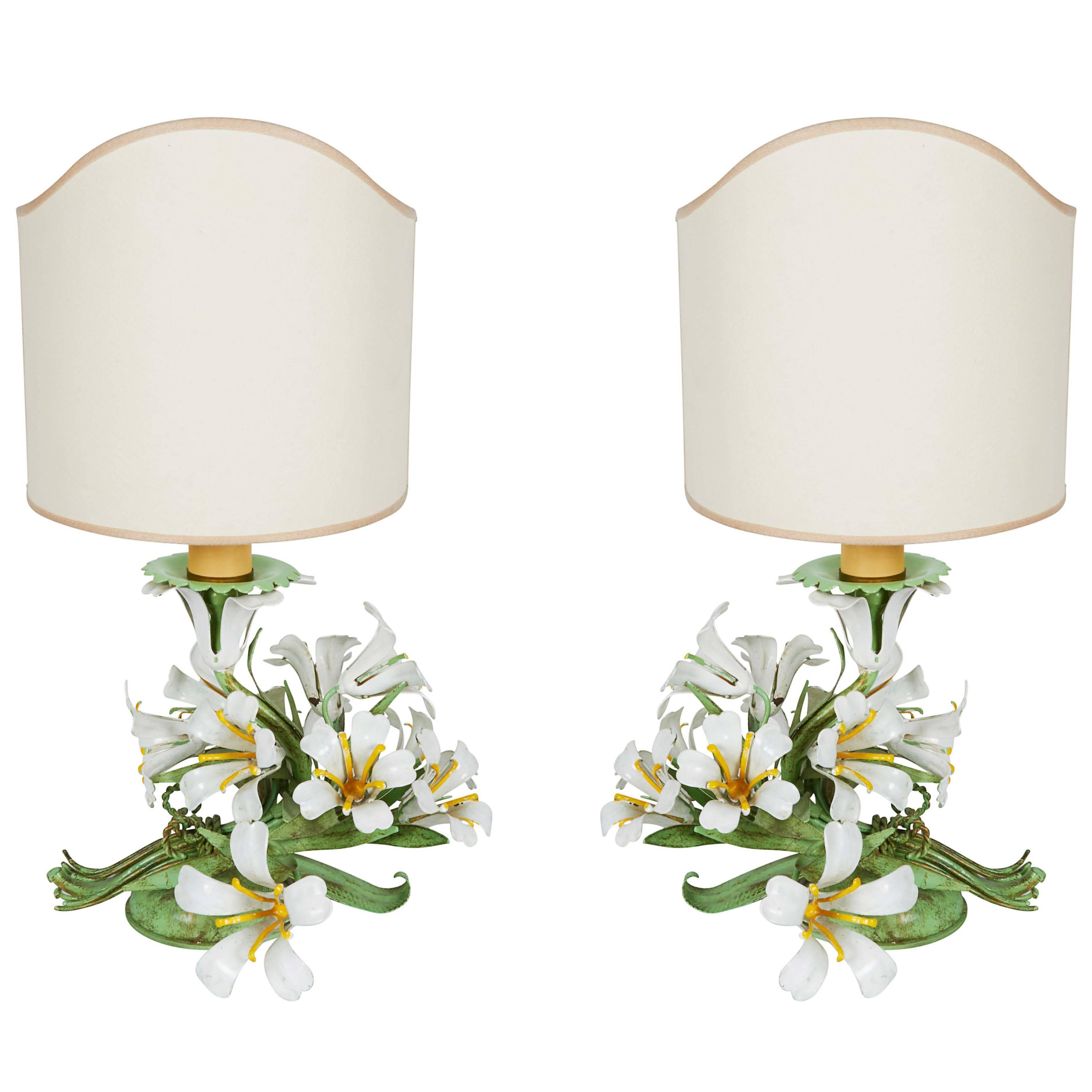 Pair of Italian Floral Lamps with Original Shades