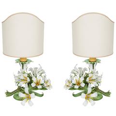 Pair of Italian Floral Lamps with Original Shades