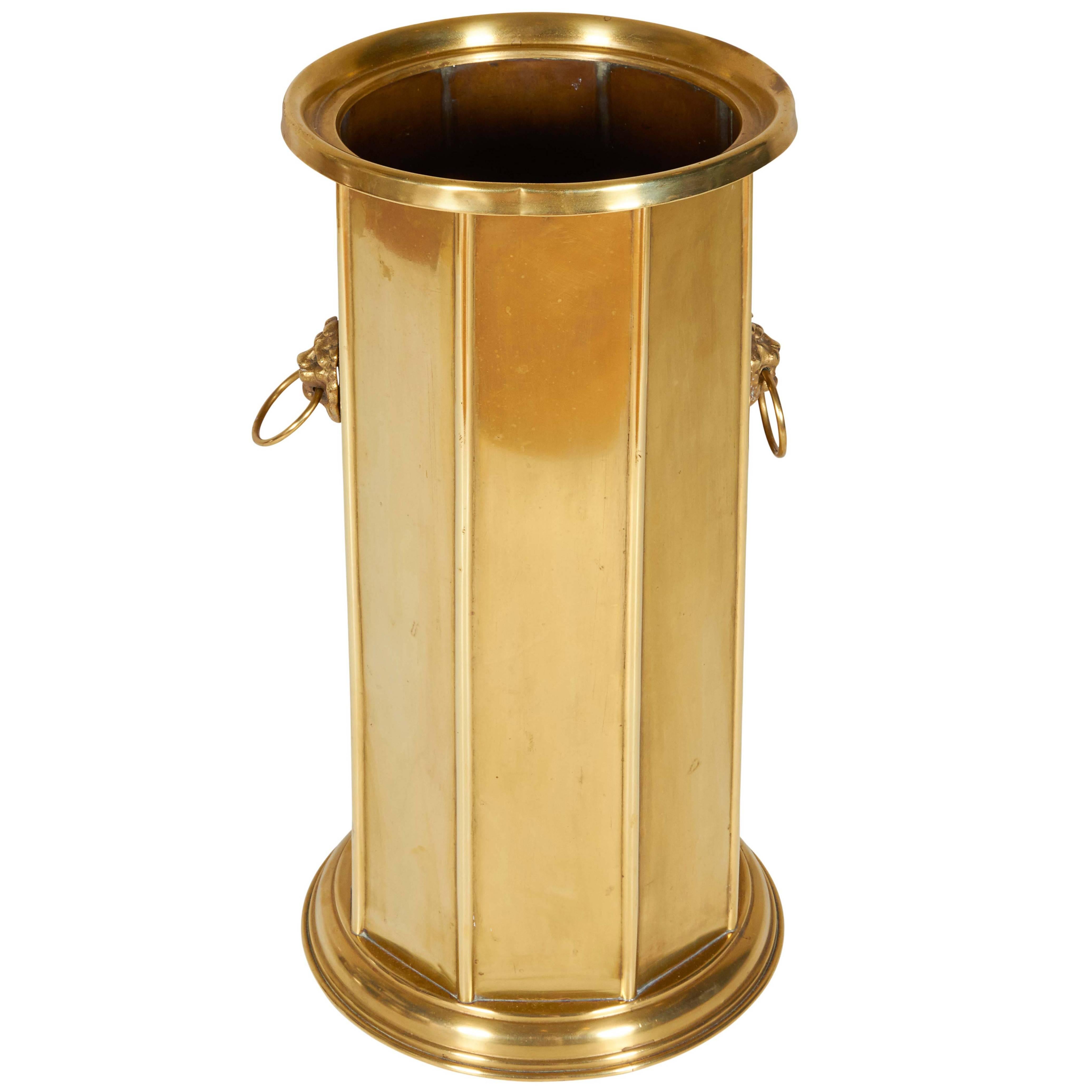 English Brass Umbrella Stand with Decorative Lion Heads