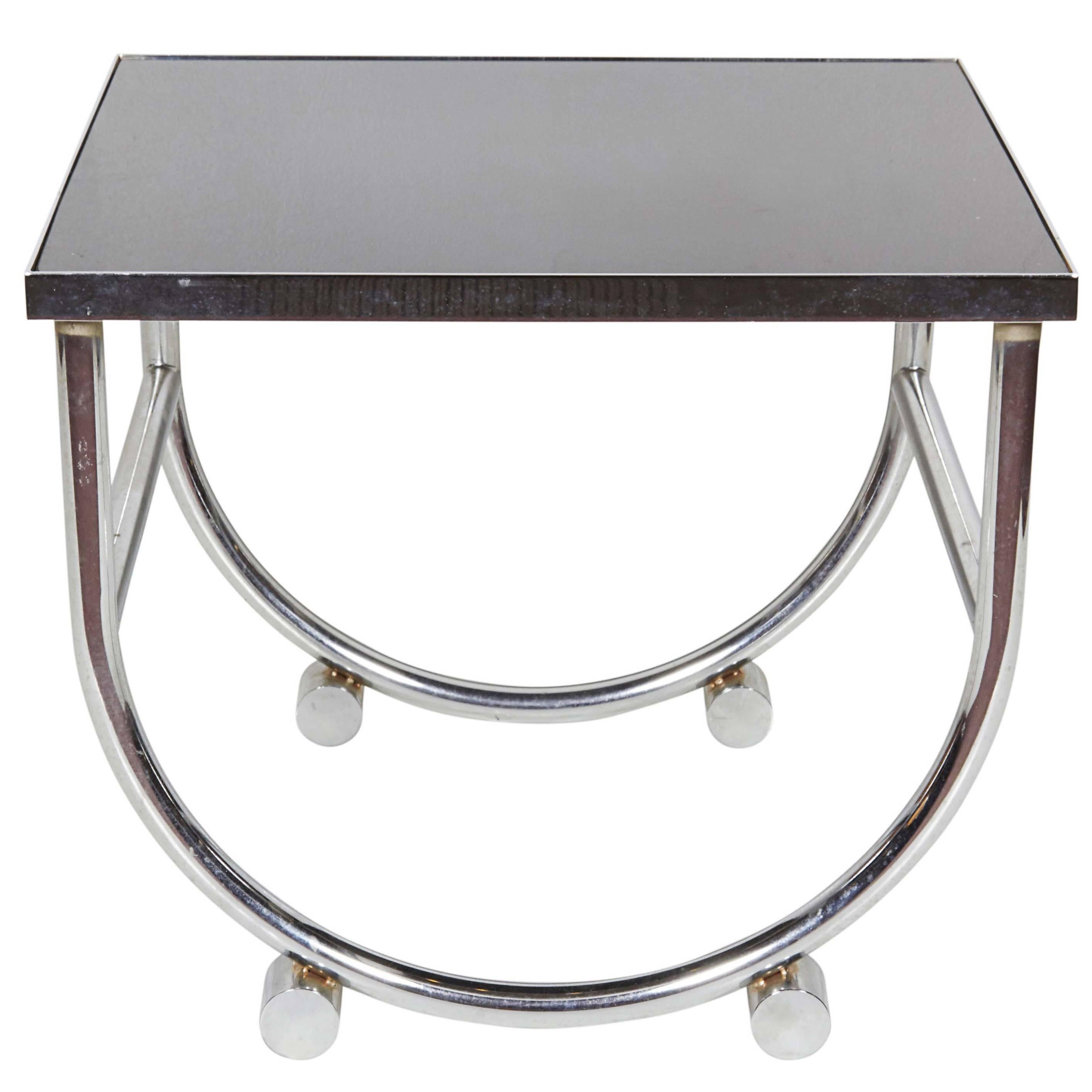 Donald Deskey Style Chrome Side Table with Black Glass Top