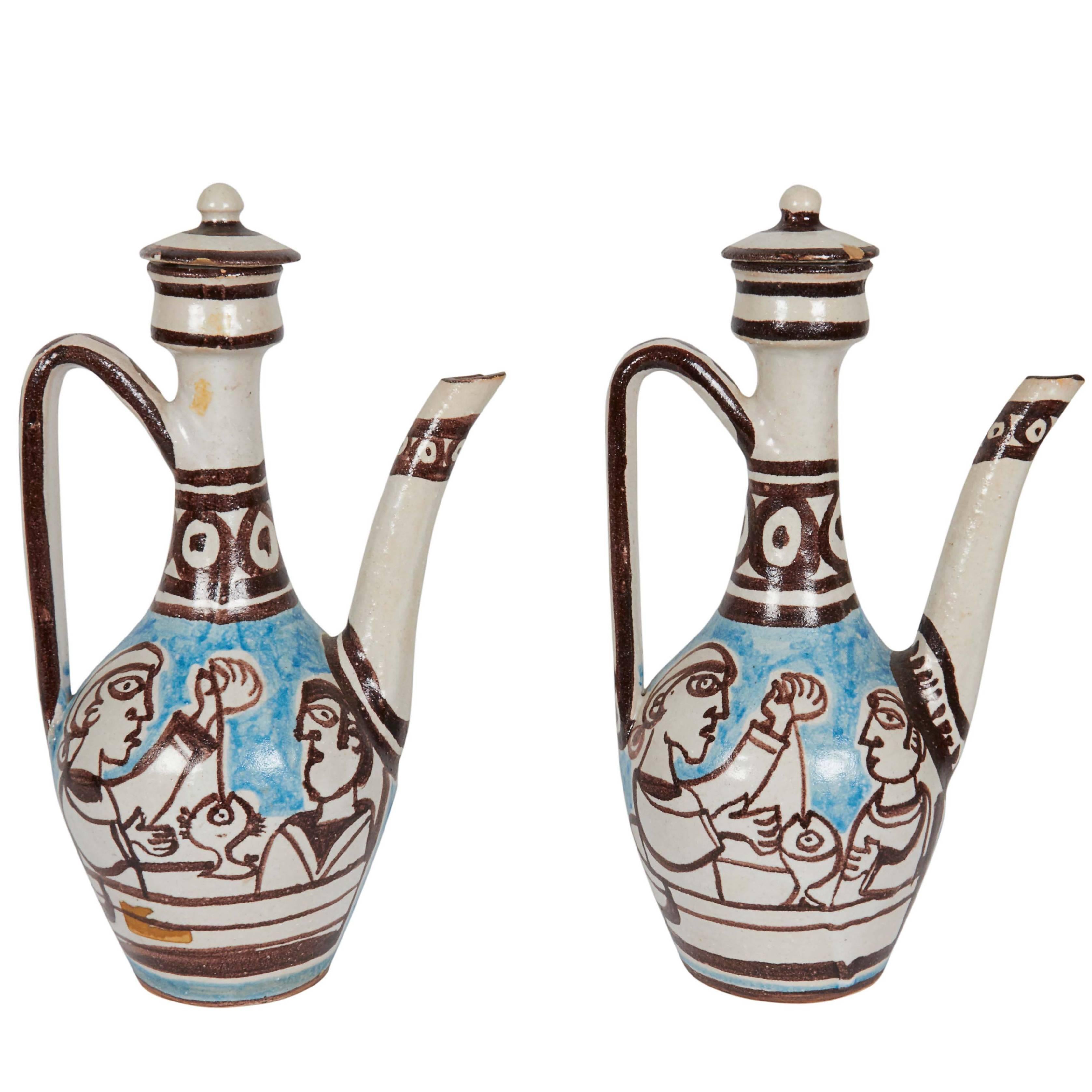Pair of Giovanni de Simone Italian Glazed Ceramic Ewers
