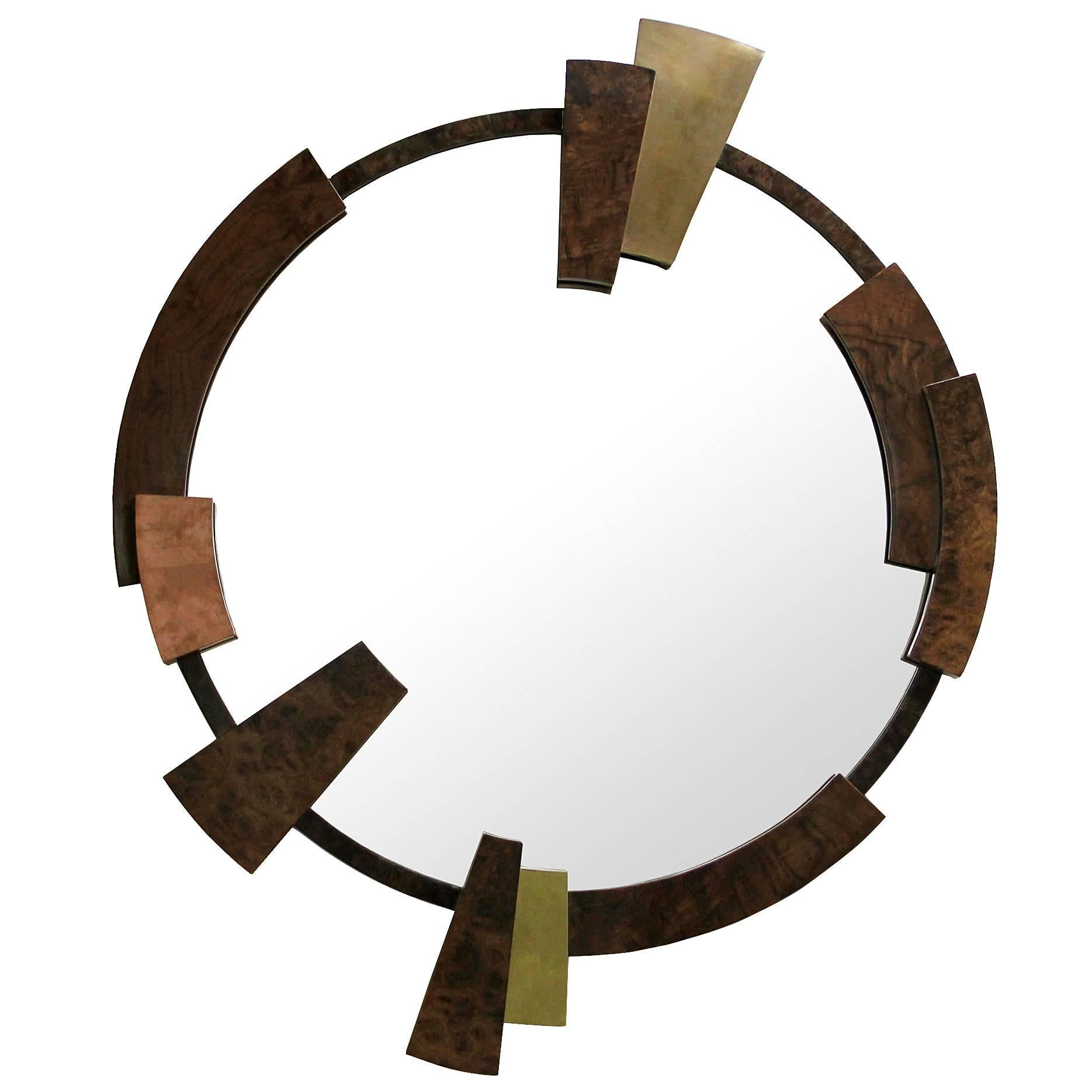 Times Round Mirror with Walnut Root Veneer, Brass and Copper Frame, Flat Mirror For Sale