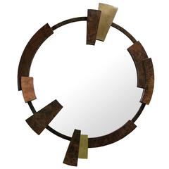 Times Round Mirror with Walnut Root Veneer, Brass and Copper Frame, Flat Mirror 10