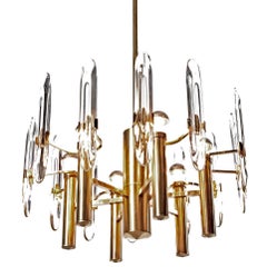 Vintage 1960’s Six-Light Gold-Plated Brass and Crystal Glass Chandelier by G. Sciolari