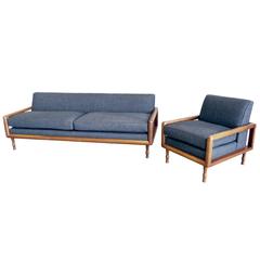 Mid-Century Walnut Sofa and Armchair Set in the Style of T.H. Robsjohn-Gibbings