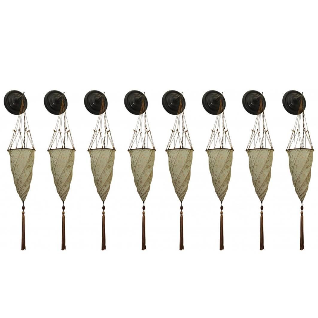 Group of Eight Fortuny Cesenda Silk Wall Sconces