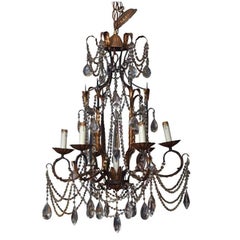 Mid-Century Six-Arm Foliate Crystal and Beaded Chandelier