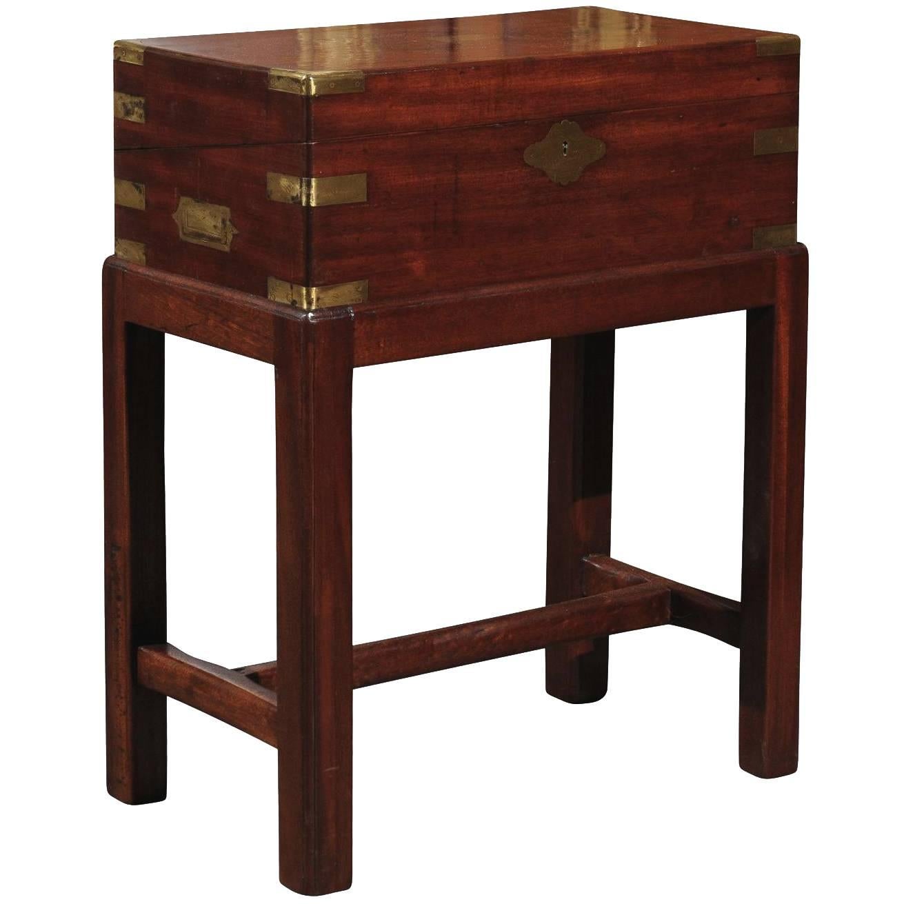 English Mahogany Writing Box or Lap Desk on Stand with Brass Handles and Storage