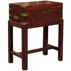 English Mahogany Writing Box or Lap Desk on Stand with Brass Handles and Storage