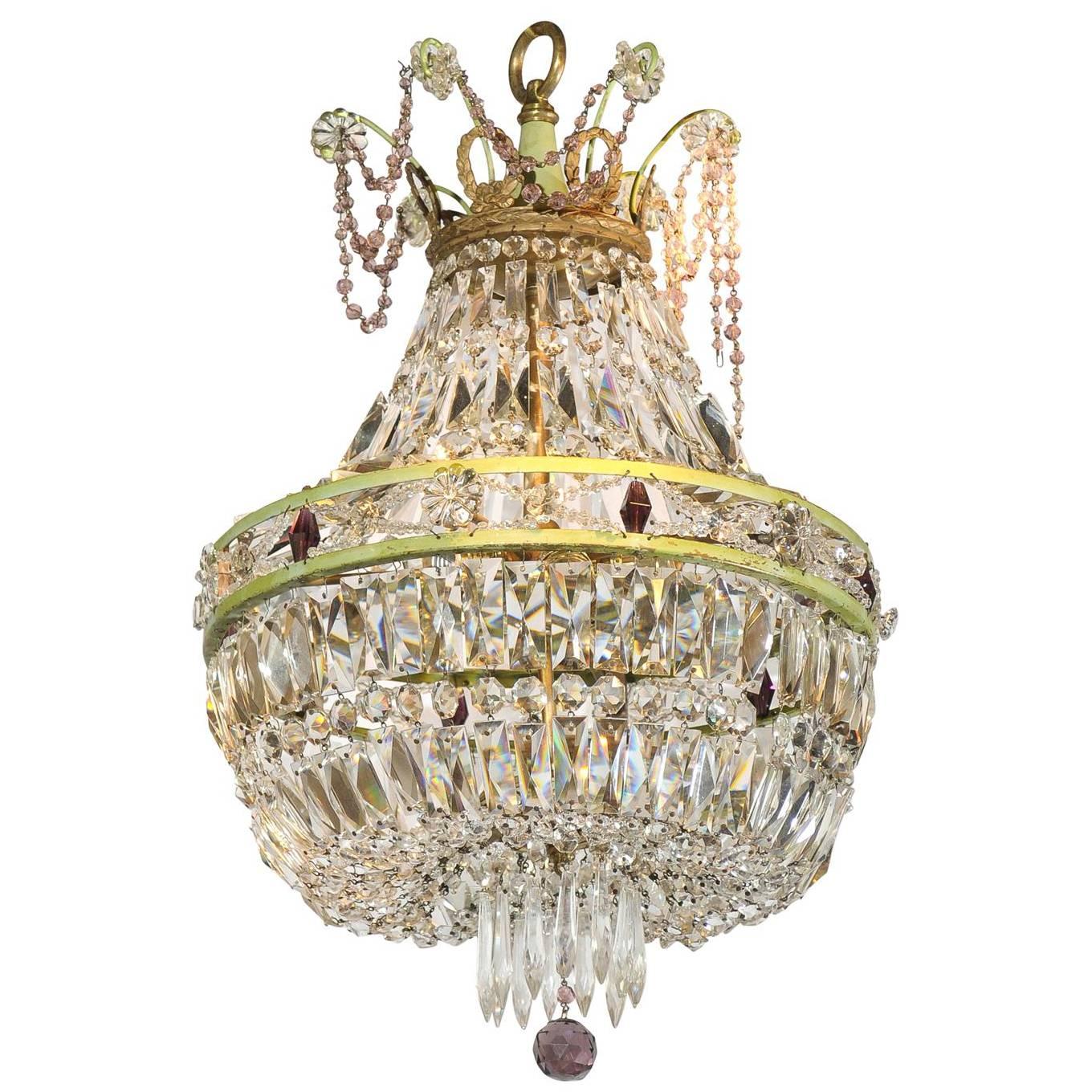 French Basket Shaped Crystal Chandelier with Accents of Amethyst Color Crystals For Sale