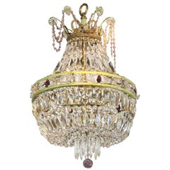 French Basket Shaped Crystal Chandelier with Accents of Amethyst Color Crystals
