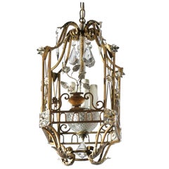 French Maison Baguès Vintage Gilt Metal and Crystal Four-Light Lantern