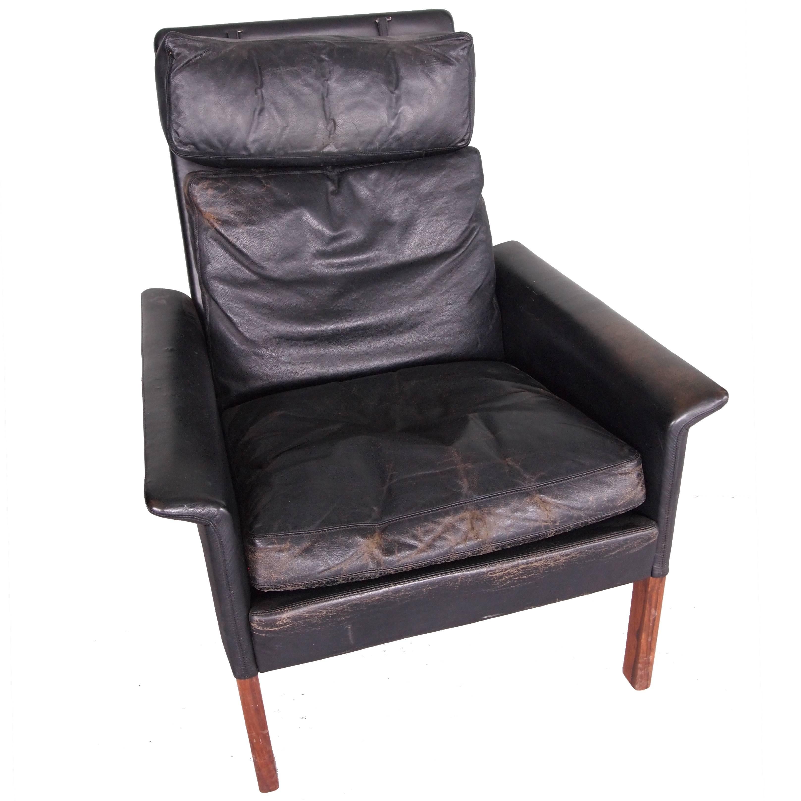 Hans Olsen Vintage Black Leather and Rosewood Chair For Sale