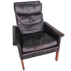 Hans Olsen Vintage Black Leather and Rosewood Chair