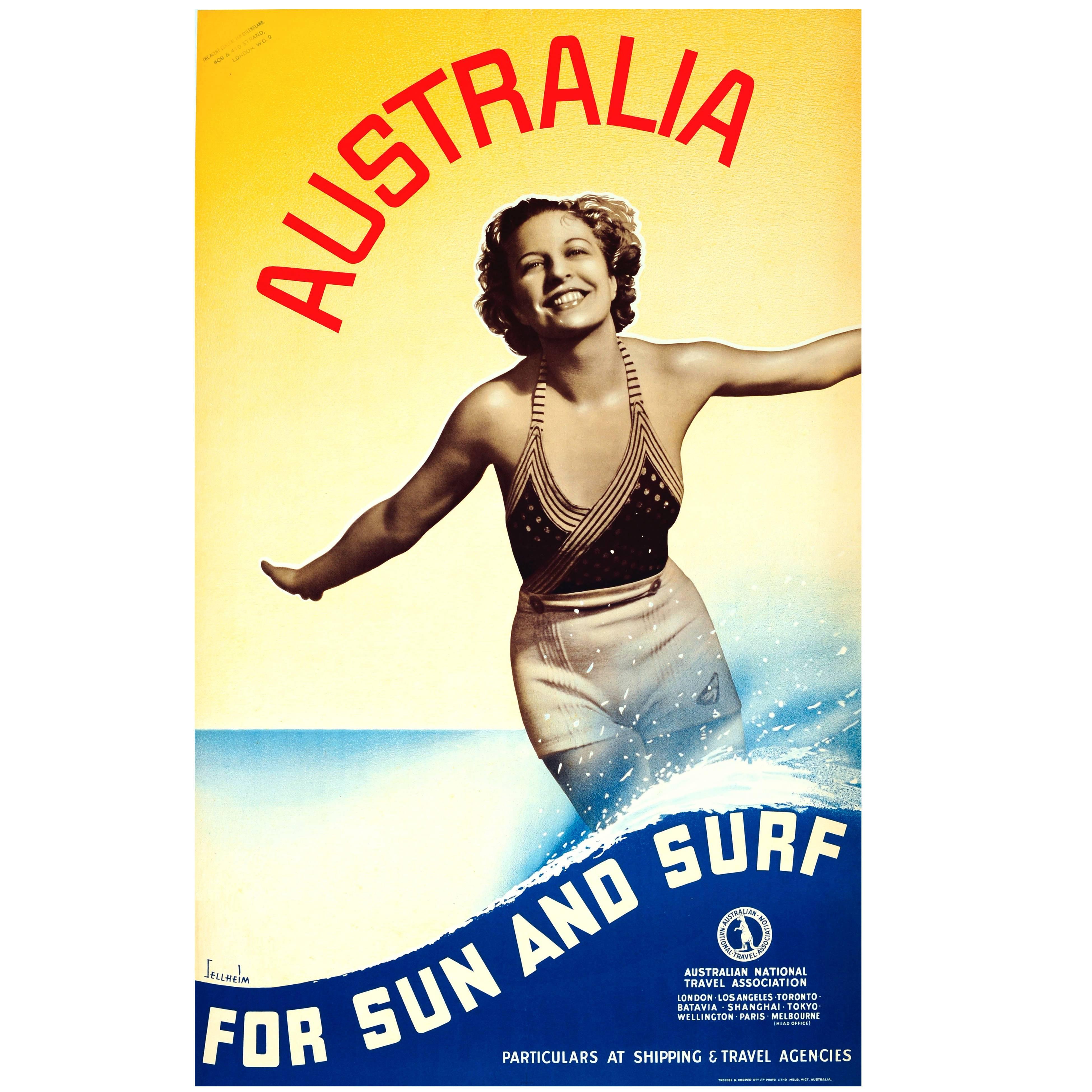 Original Vintage 1930s Travel Advertising Poster “Australia for Sun and Surf”
