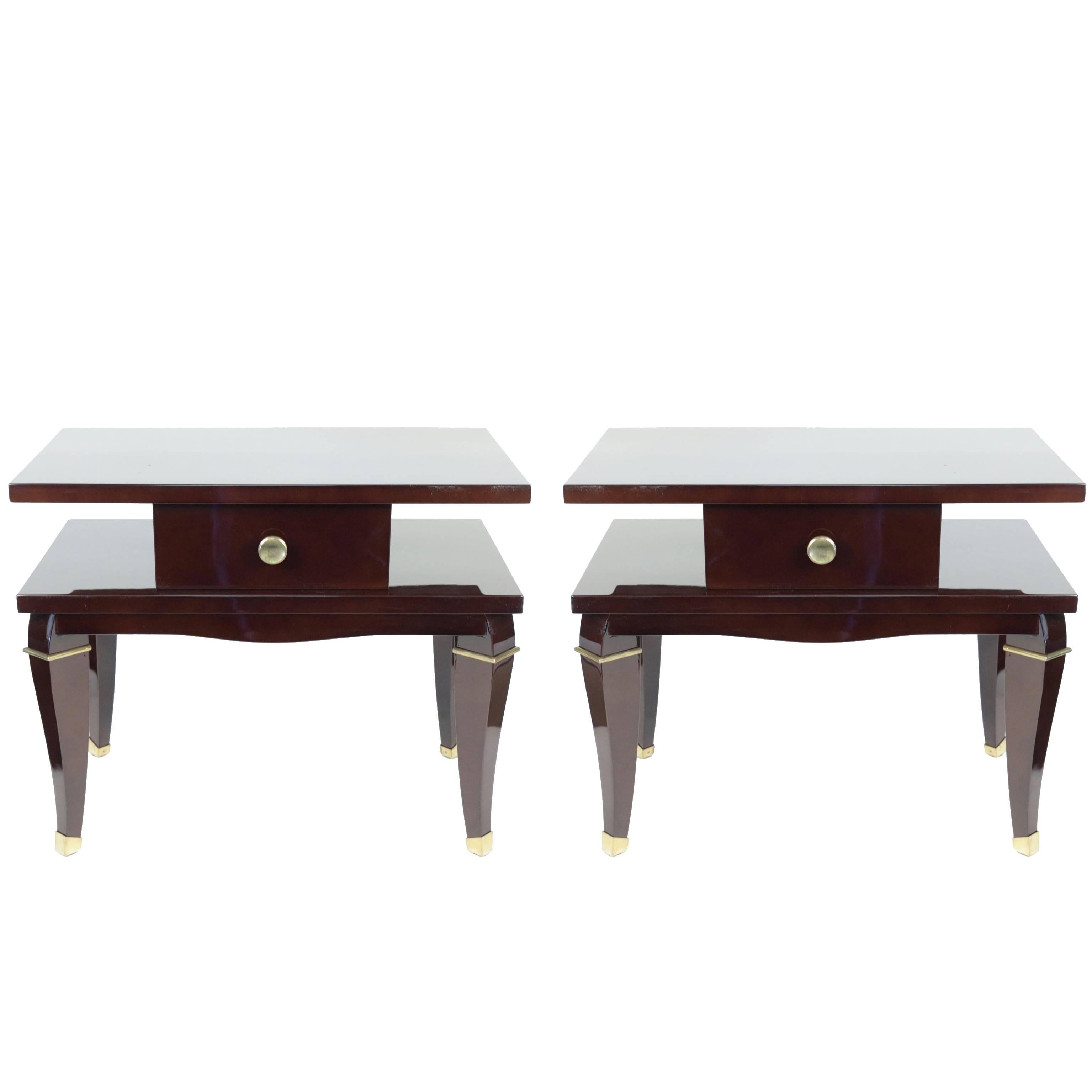 Nice Pair of 1950s Bedside Tables, Lacquered Mahogany, Gilded Bronze Ornaments