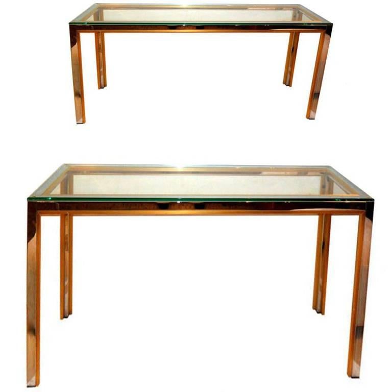 Pair of Consoles, Hallway Tables by Zilli in Chrome & Brass with Clear Glass Top