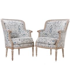 Pair of French 19th Century Louis XVI Bergères Covered in Amanda Talley Fabric