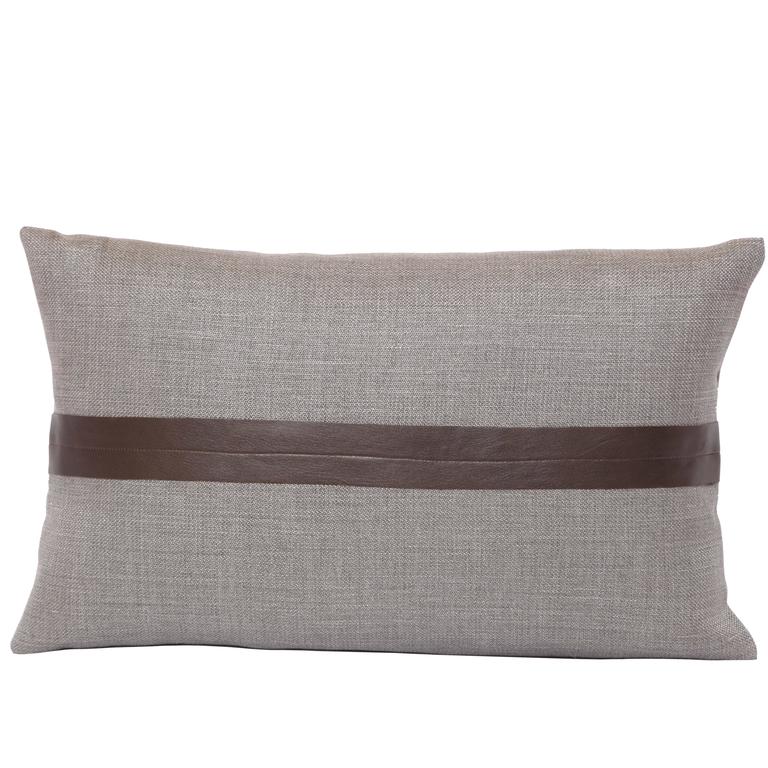 Contemporary Set of Two Gray Linen and Brown Leather Decorative Pillows