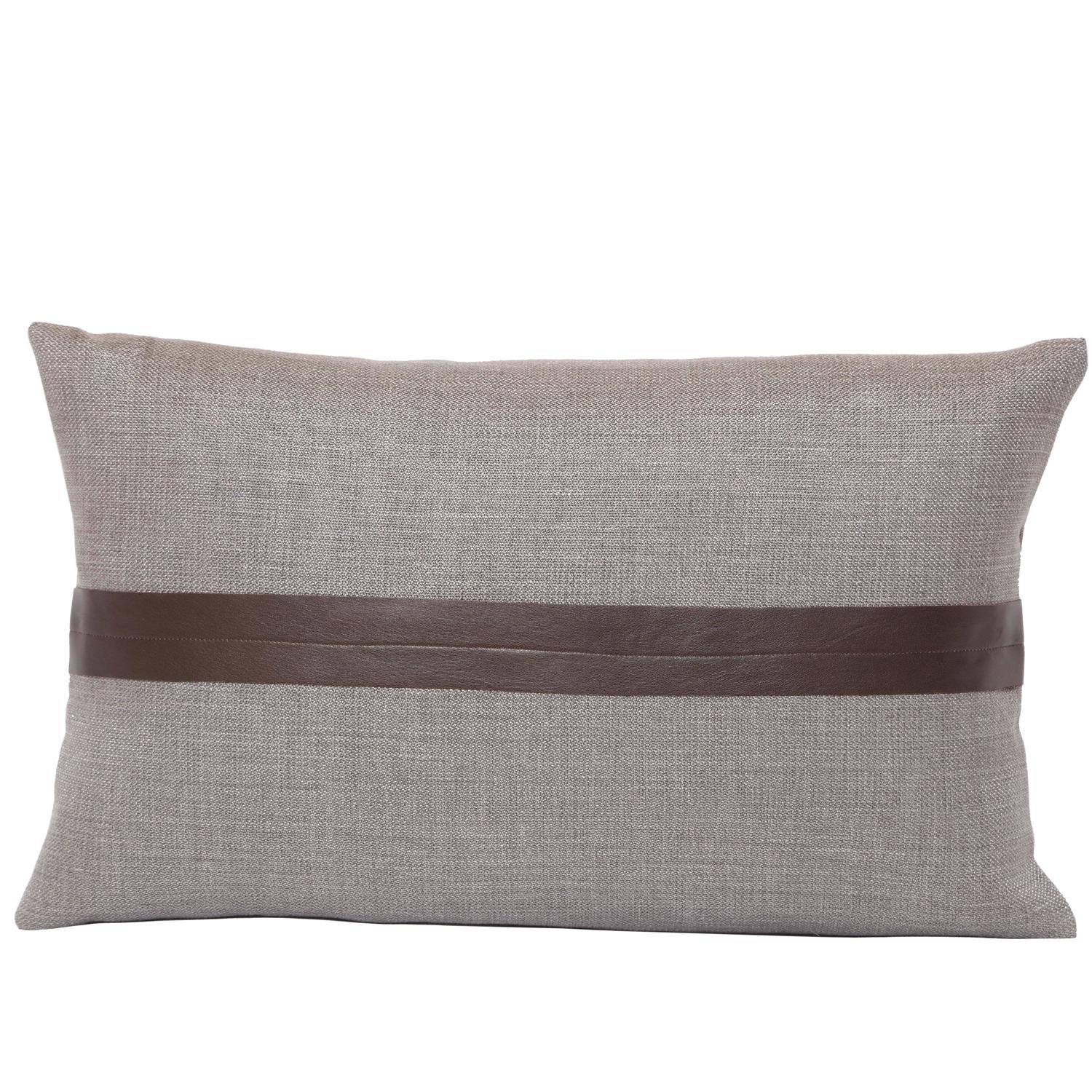 Contemporary Set of Two Gray Linen and Brown Leather Decorative Pillows