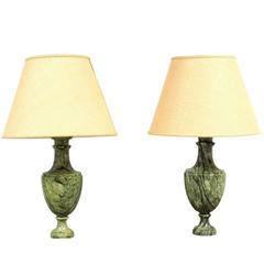 Pair of Green Veined Marble Baluster Lamps