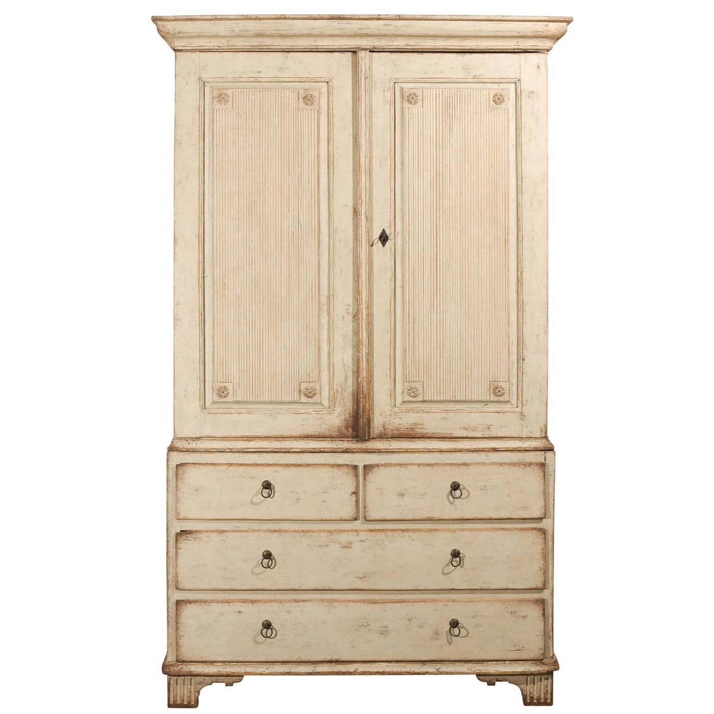 Swedish 1857 Painted Wood Linen Press with Reeded Doors and Four Drawers
