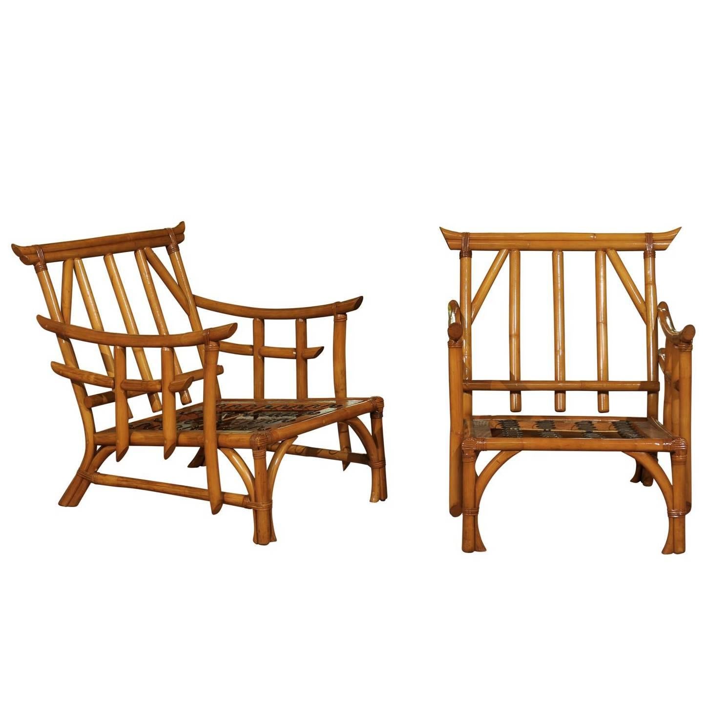Magnificent Pair of Restored Vintage Rattan Pagoda Lounge Chairs, circa 1960
