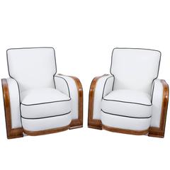 Vintage Pair of Art Deco Ivory Leather Armchairs, circa 1930