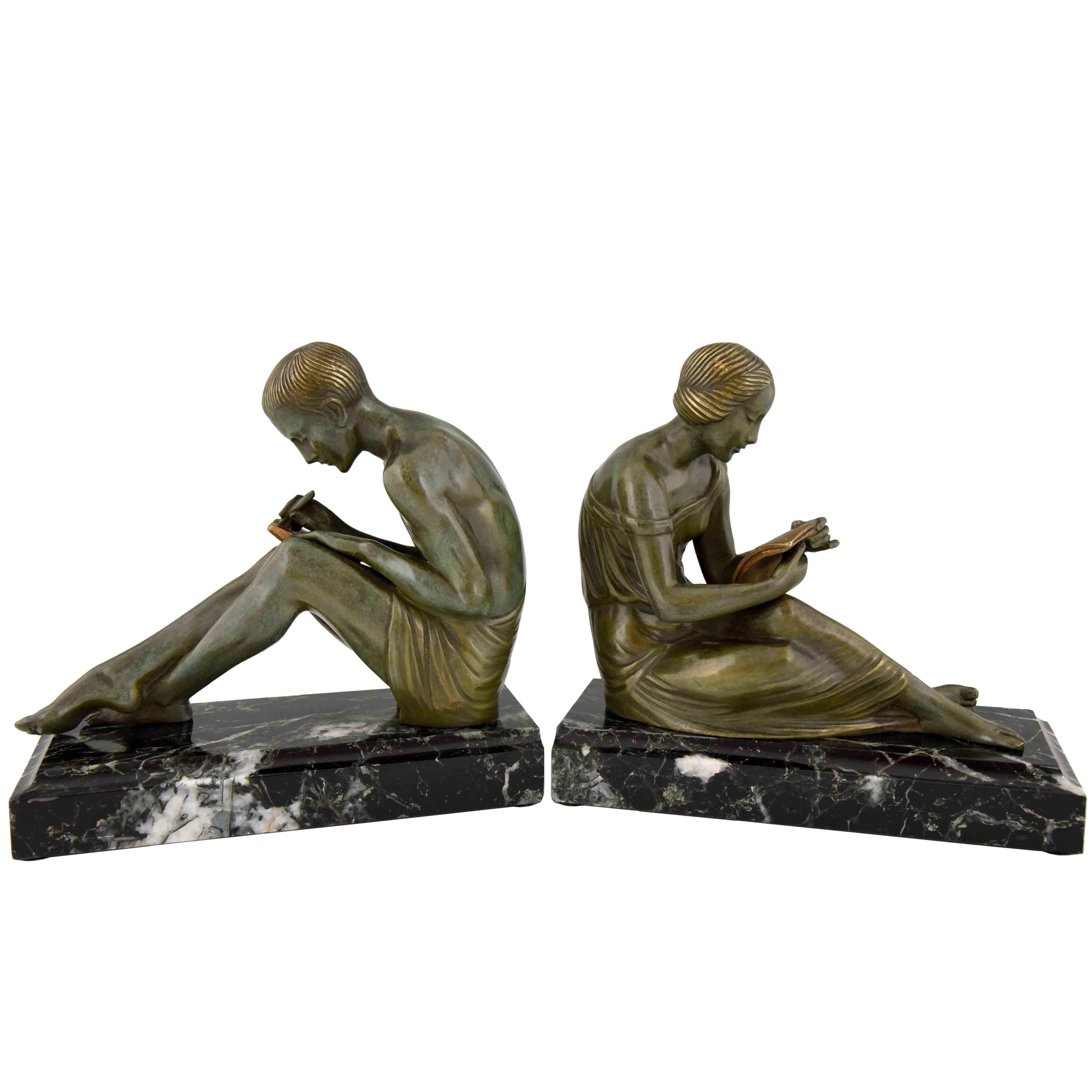 French Art Deco Bronze Bookends Man Writing Lady Reading Pierre Le Faguays, 1930