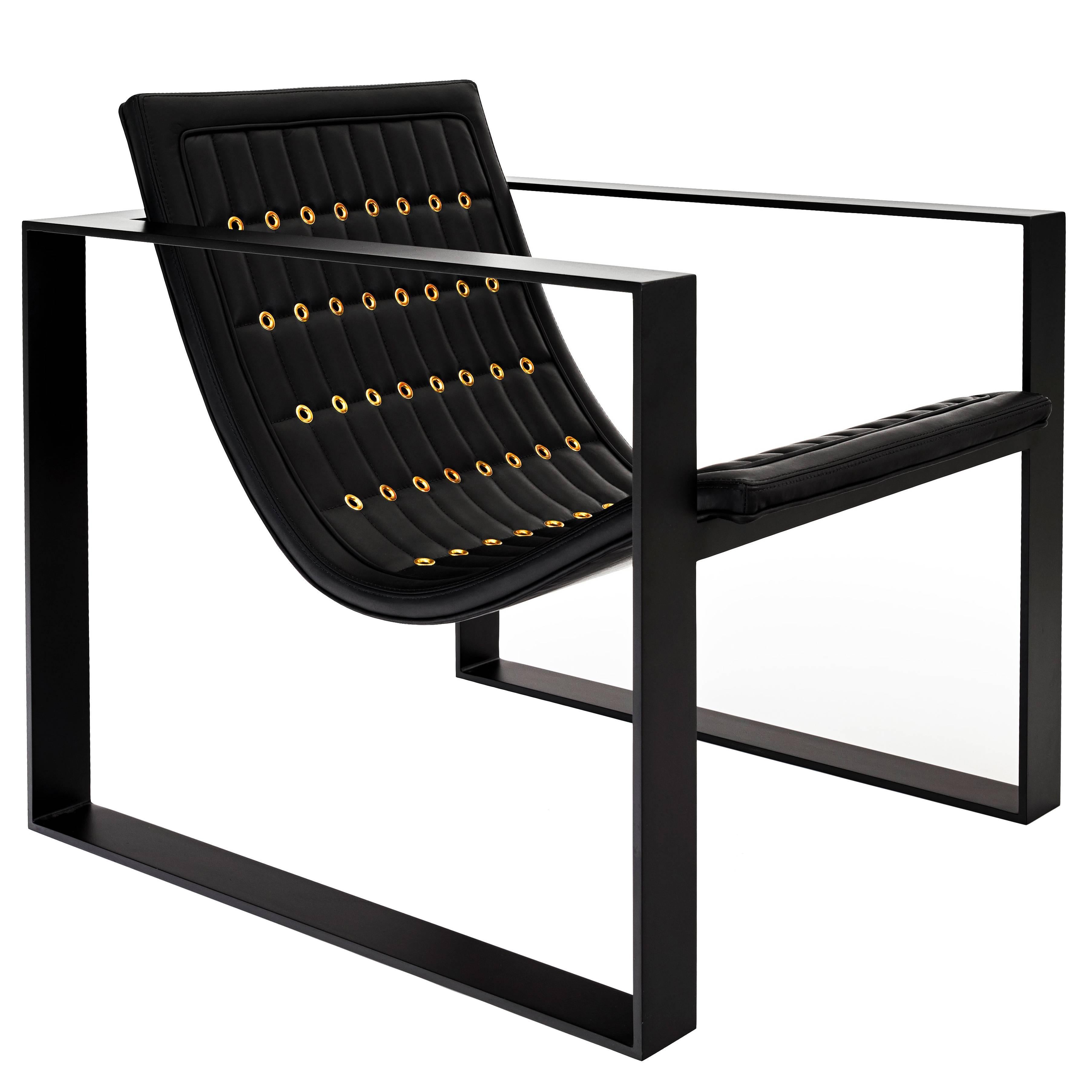 GT Lounge Chair in Matte Black with Black Royale Leather and Gold Trim For Sale