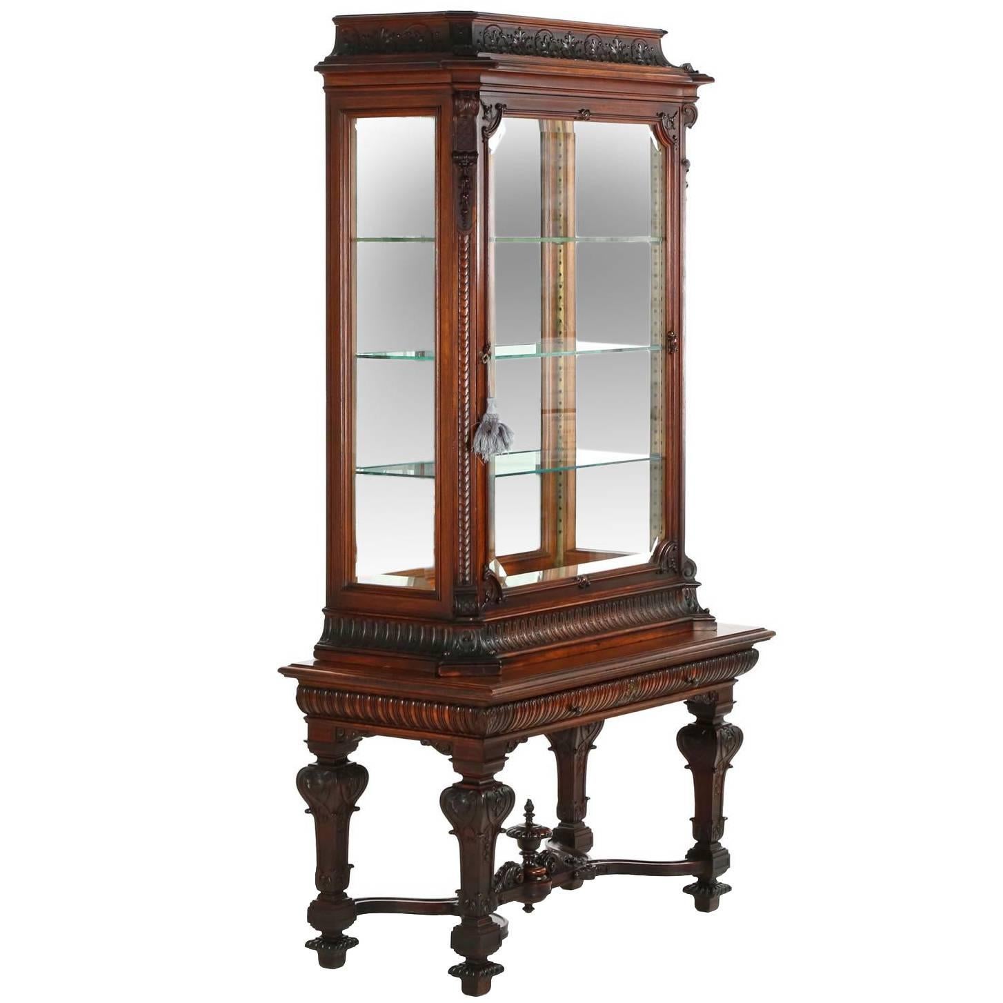 Very Finely Carved Mahogany Two-Part Display Cabinet, England circa 1890