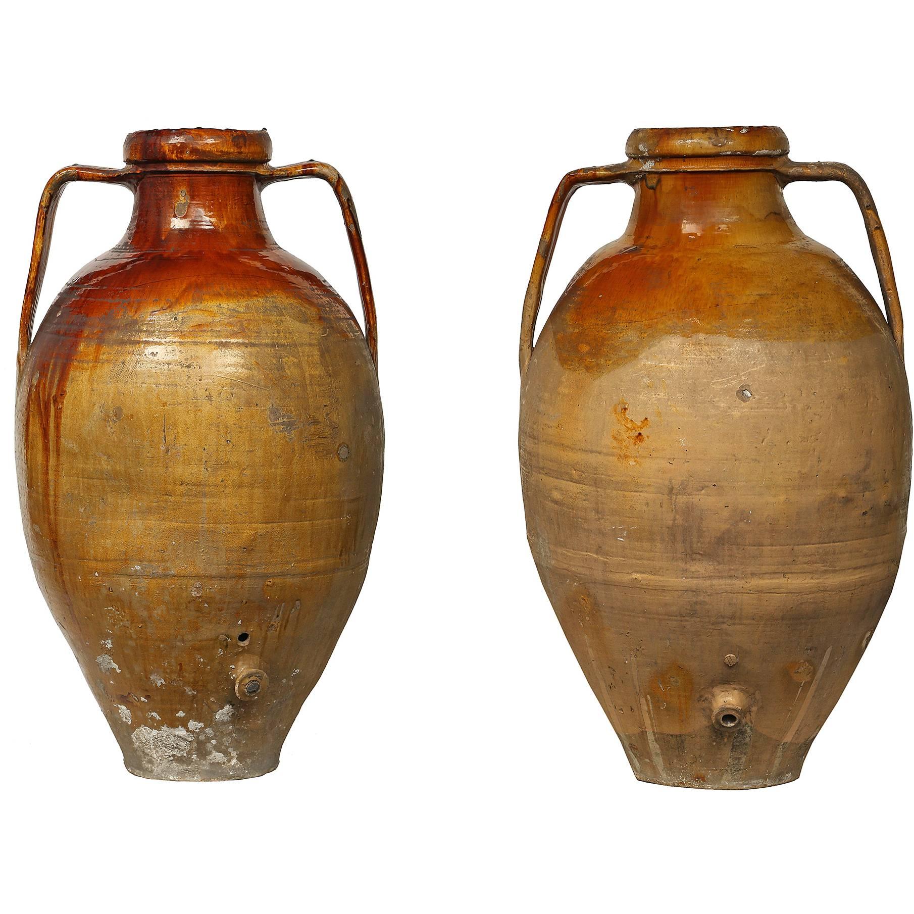 Pair of Italian 19th Century Glazed Terra Cotta Urns with Spouts