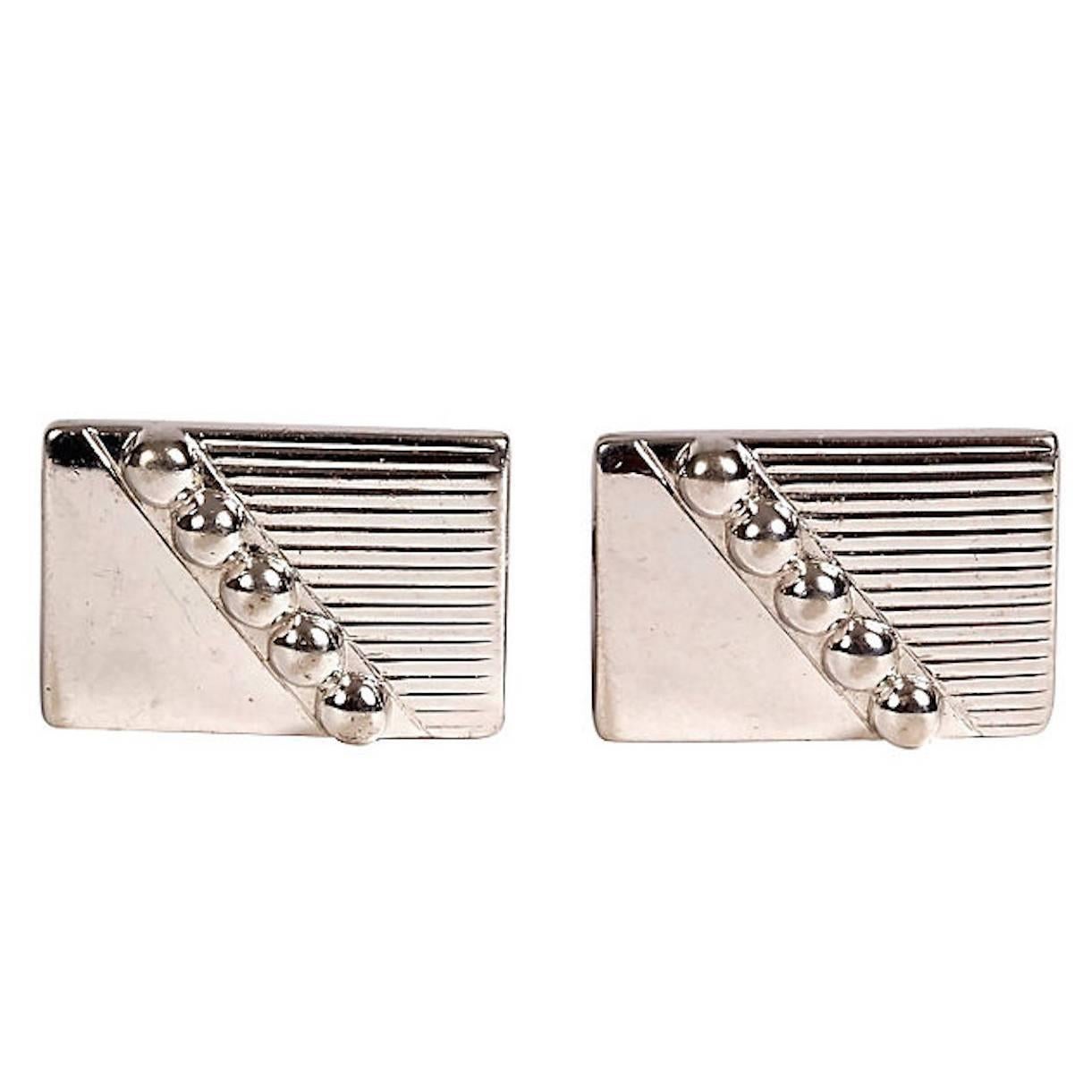 Pair of 1960s Silvertone Rectangular Cuff Links For Sale