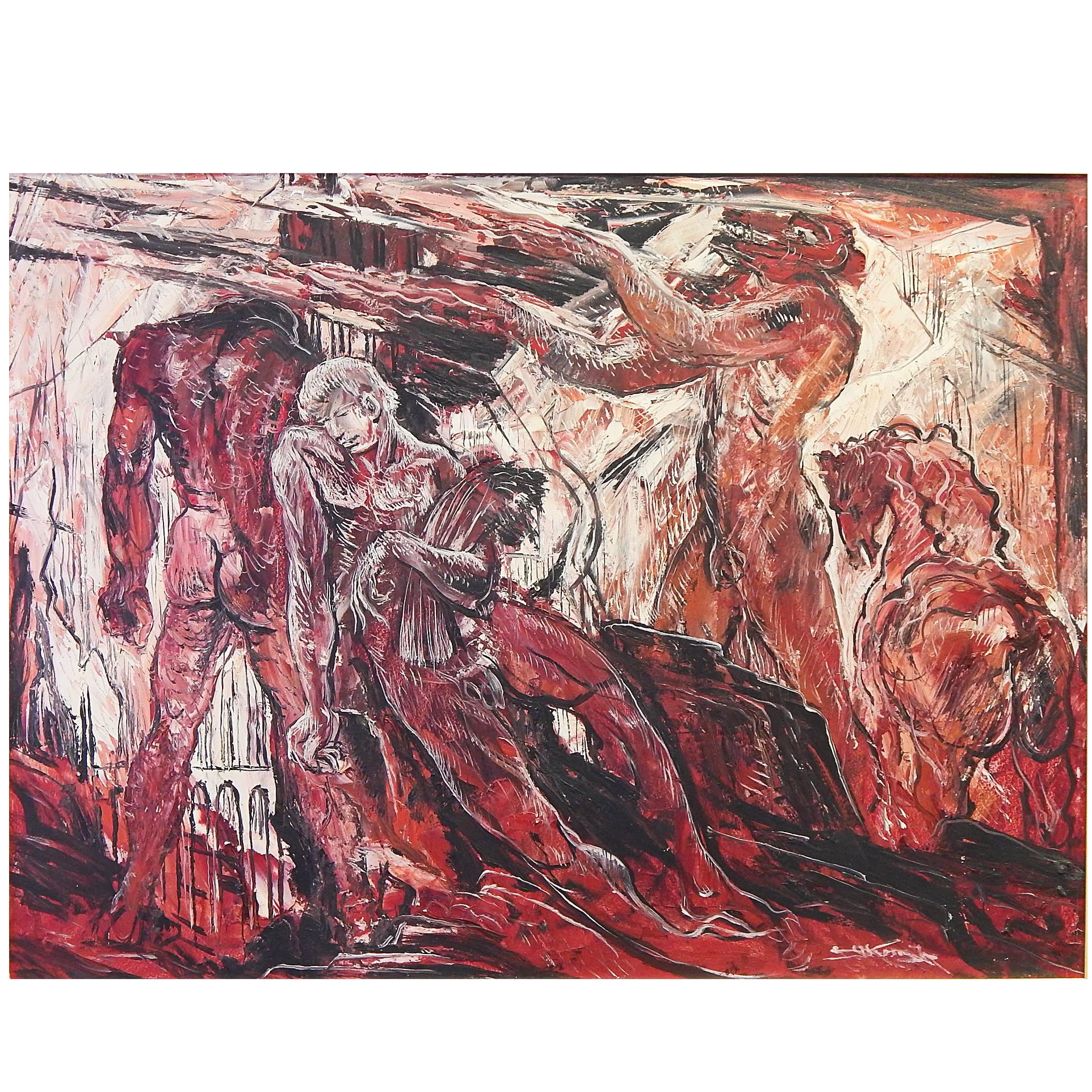 "Dante's Inferno, " Post-War Expressionist Painting in Vivid Red, Black and White For Sale