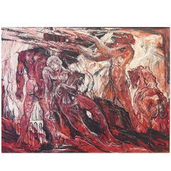 "L'Inferno di Dante", pittura espressionista del dopoguerra in rosso vivo, bianco e nero