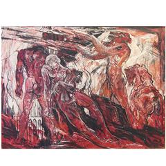 Vintage "Dante's Inferno, " Post-War Expressionist Painting in Vivid Red, Black and White