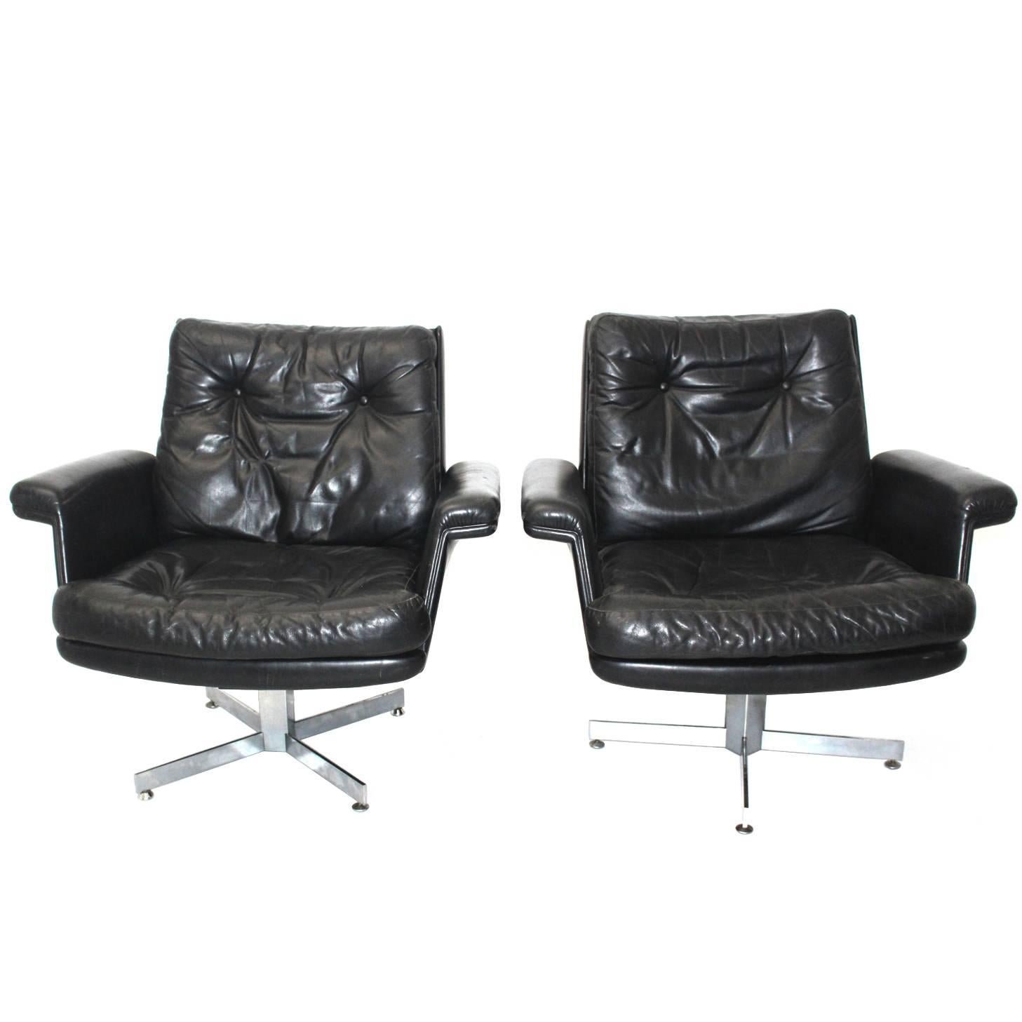 Scandinavian Modern Vintage Black Leather Lounge Chair H.W.Klein 1960s Denmark
