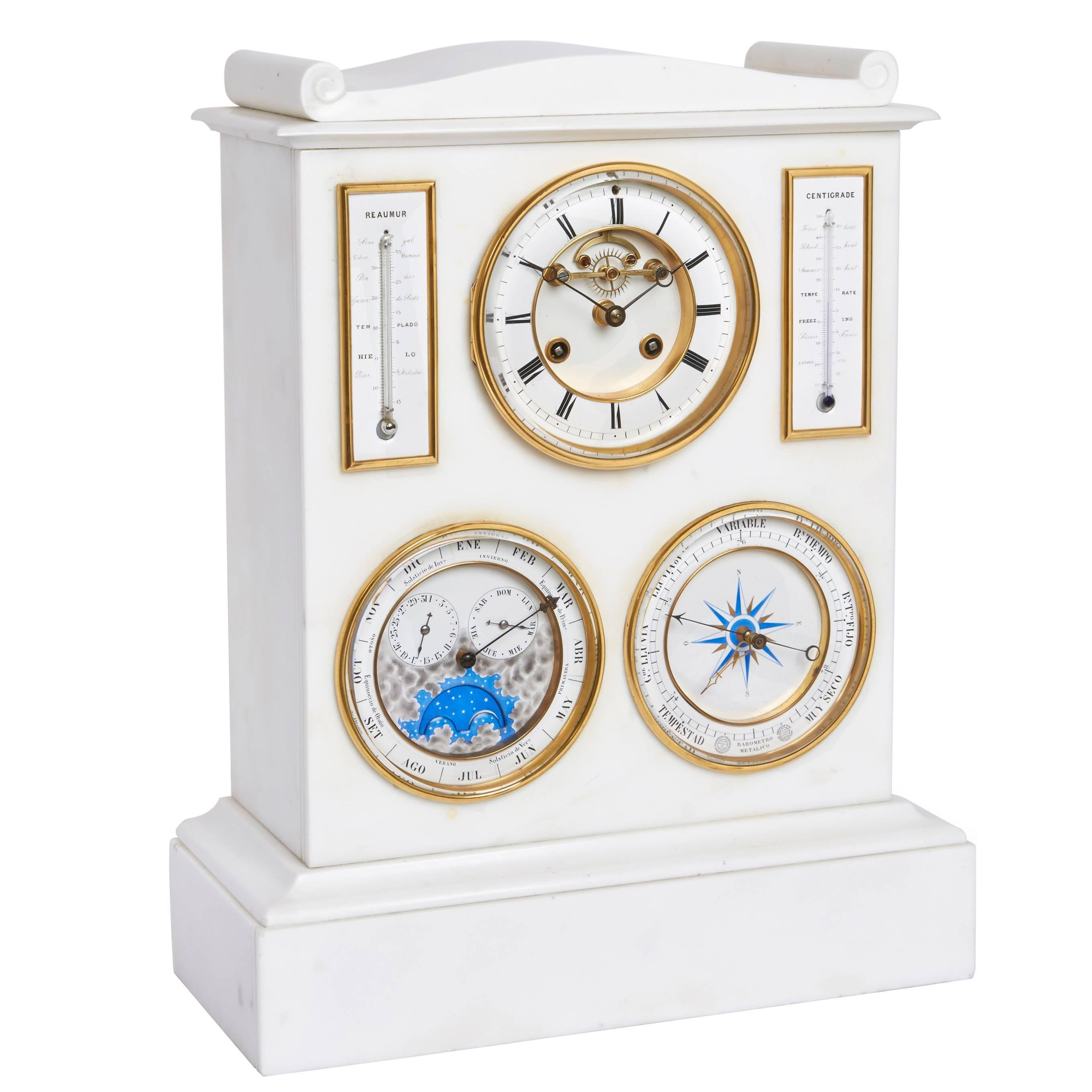 White Marble Mantel Clock, Barometer, Thermometer and Lunar Scale by Bourdon For Sale