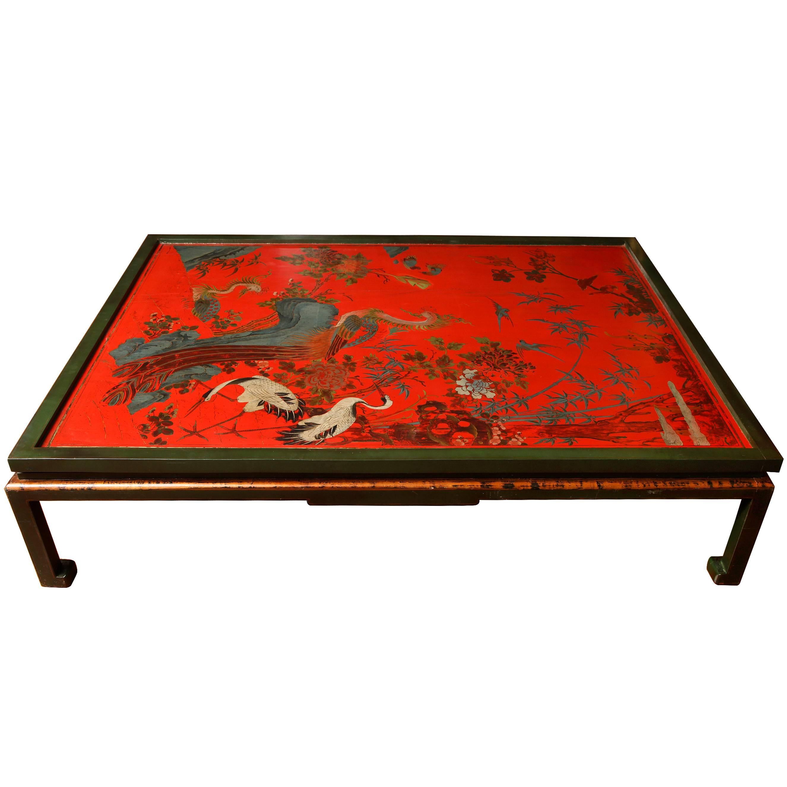 Mid-18th Century Chinese Red Lacquer Double Panel on Custom-Made Base For Sale