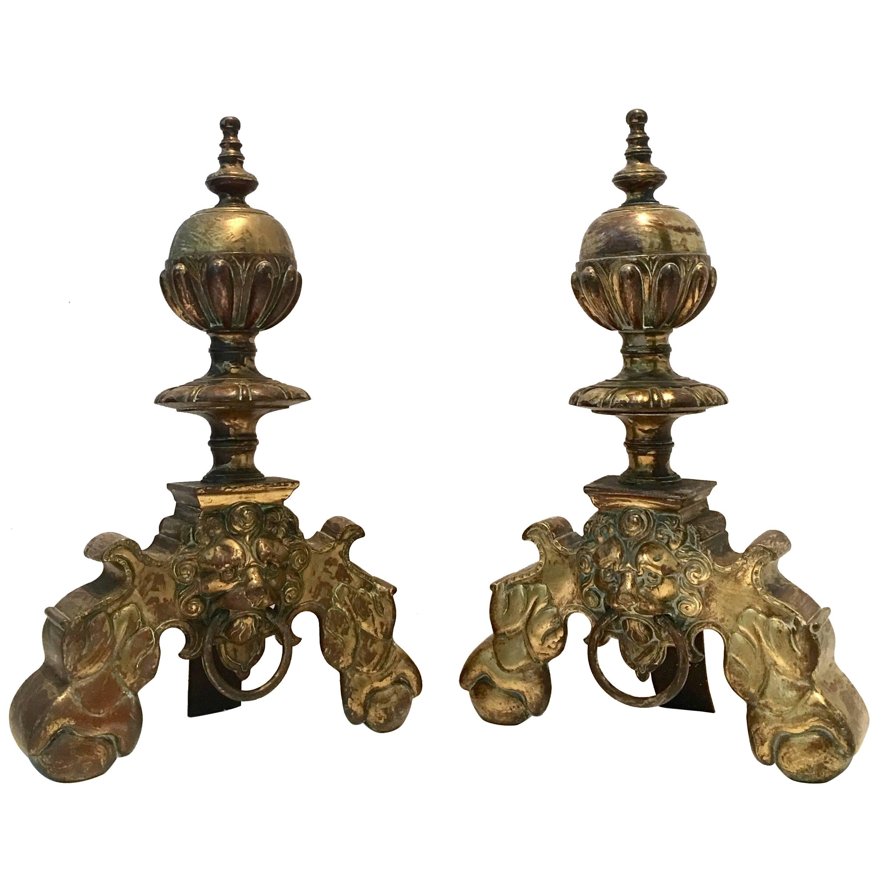 Antique Pair of Brass Lion "Door Knocker" Andirons/Chenets