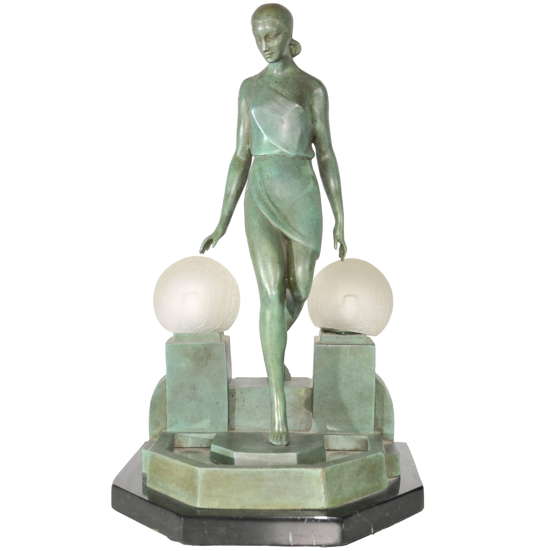Art Deco Style Bronze Figurine Lamp After a Model by Fayral  For Sale