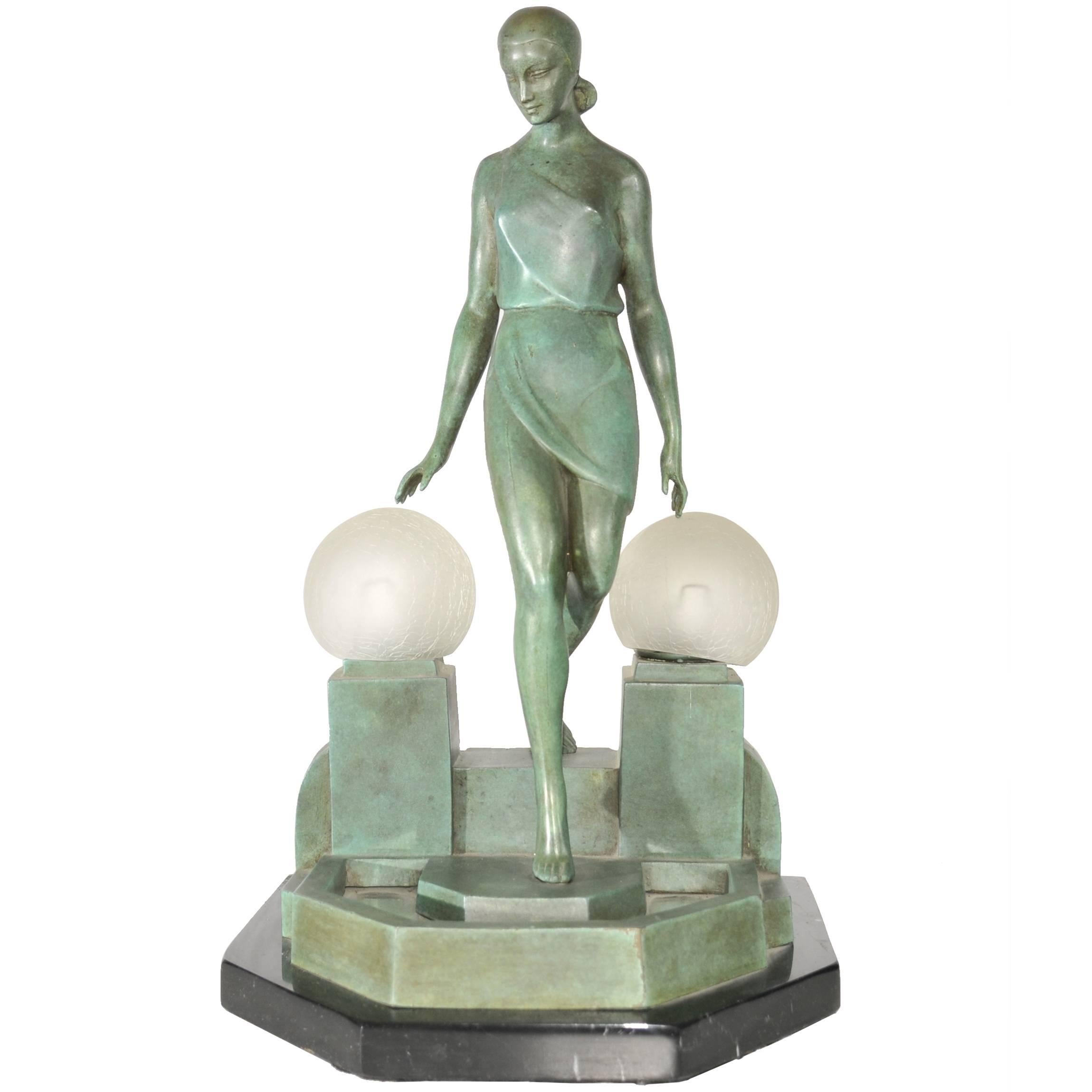 Art Deco Style Bronze Figurine Lamp After a Model by Fayral For Sale