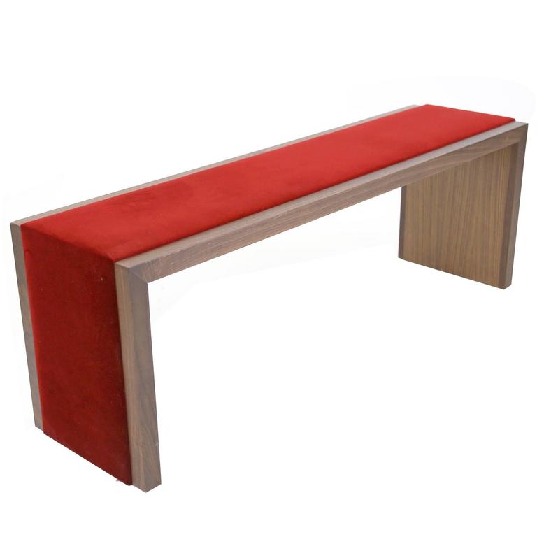 Sentient Walnut Bench with Red Velvet Upholstery For Sale at 1stdibs