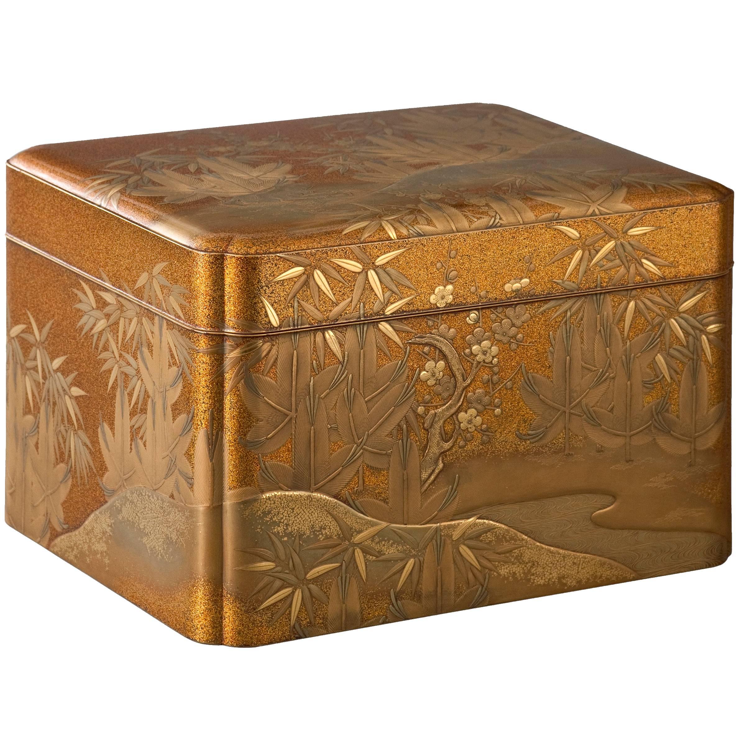 A Japanese Gold Lacquer Friends of Winter Box with Interior Tray