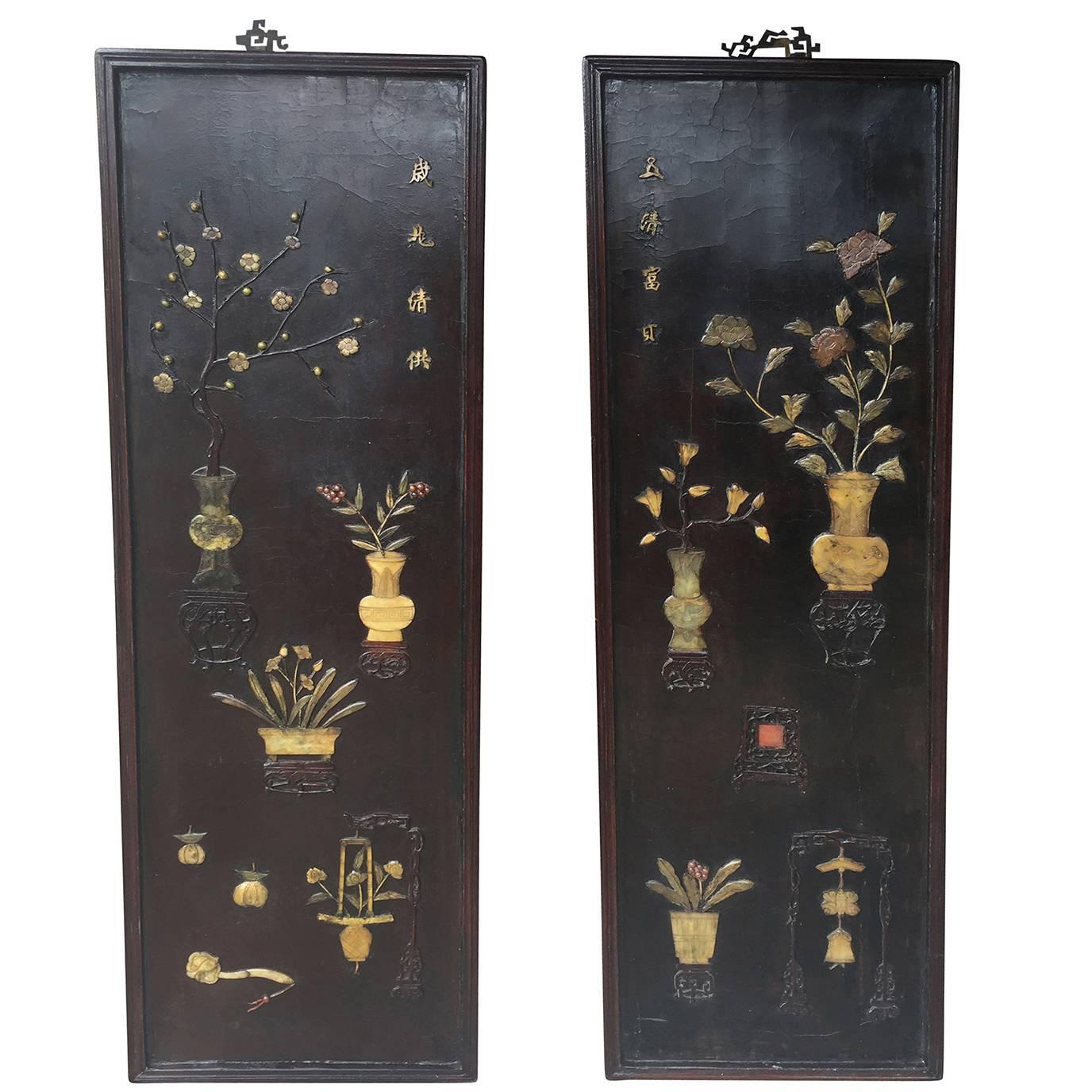 Pair of Chinese 19th Century Carved Inlaid Lacquered Wooden Panels