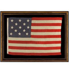 Antique 13 Star Flag with Stars Arranged in a 3-2-3-2-3 Pattern on a Dusty Blue Canton