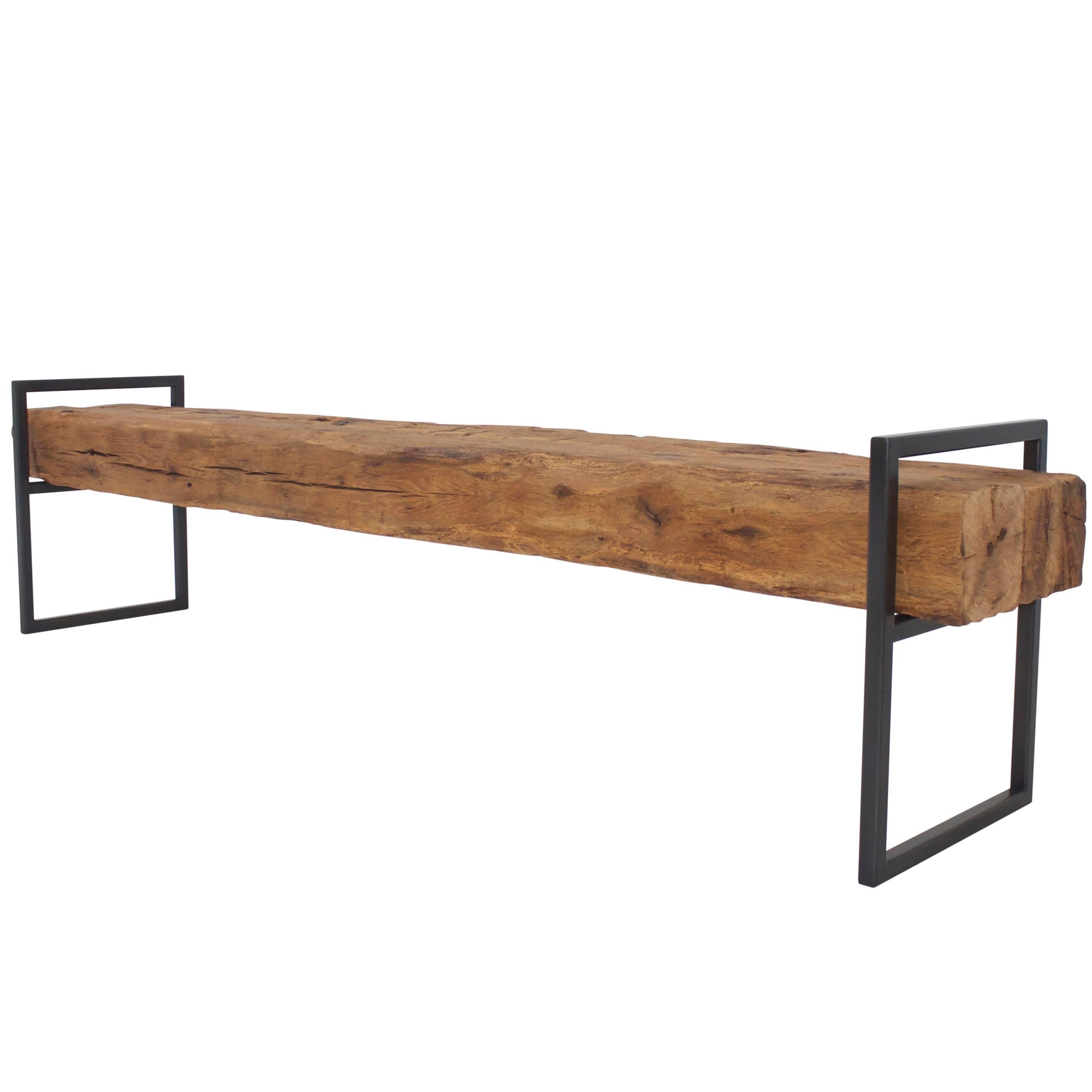 Modern Minimal Beam Bench Reclaimed Structural Oak Beams Welded Steel Frame For Sale