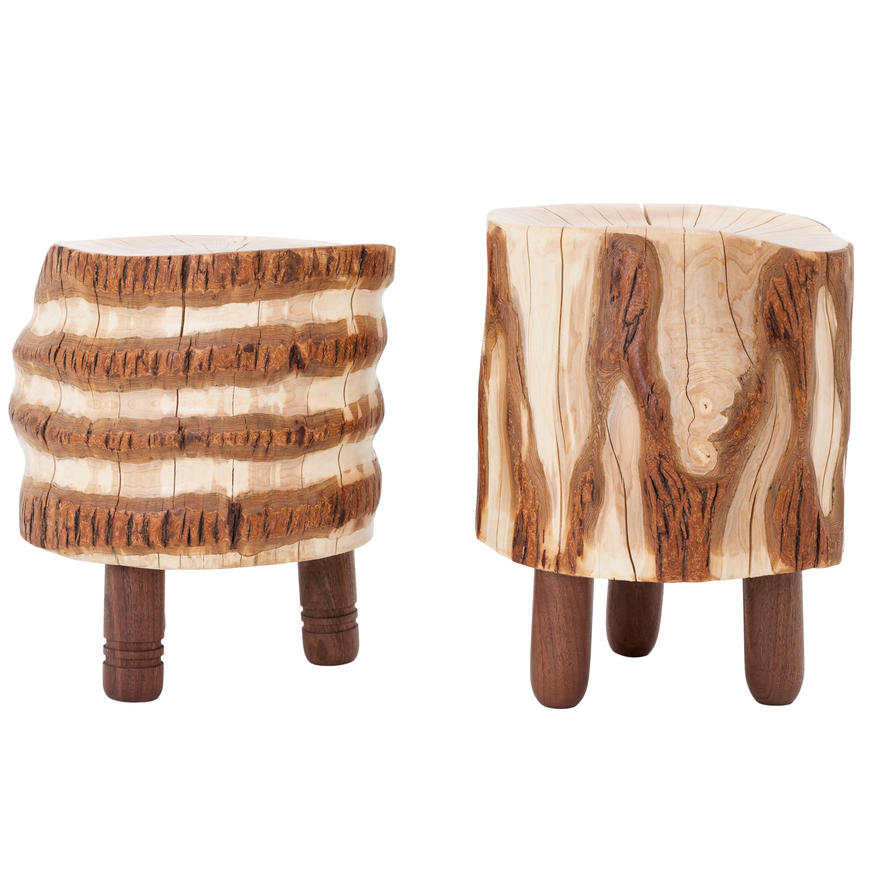 Reclaimed Salvaged Hurricane Sandy Stump Stools with Hand-Turned Legs & Drawers