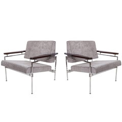 Pair of Sergio Rodrigues 'Beto' Chenille Armchairs with Jacaranda Arms