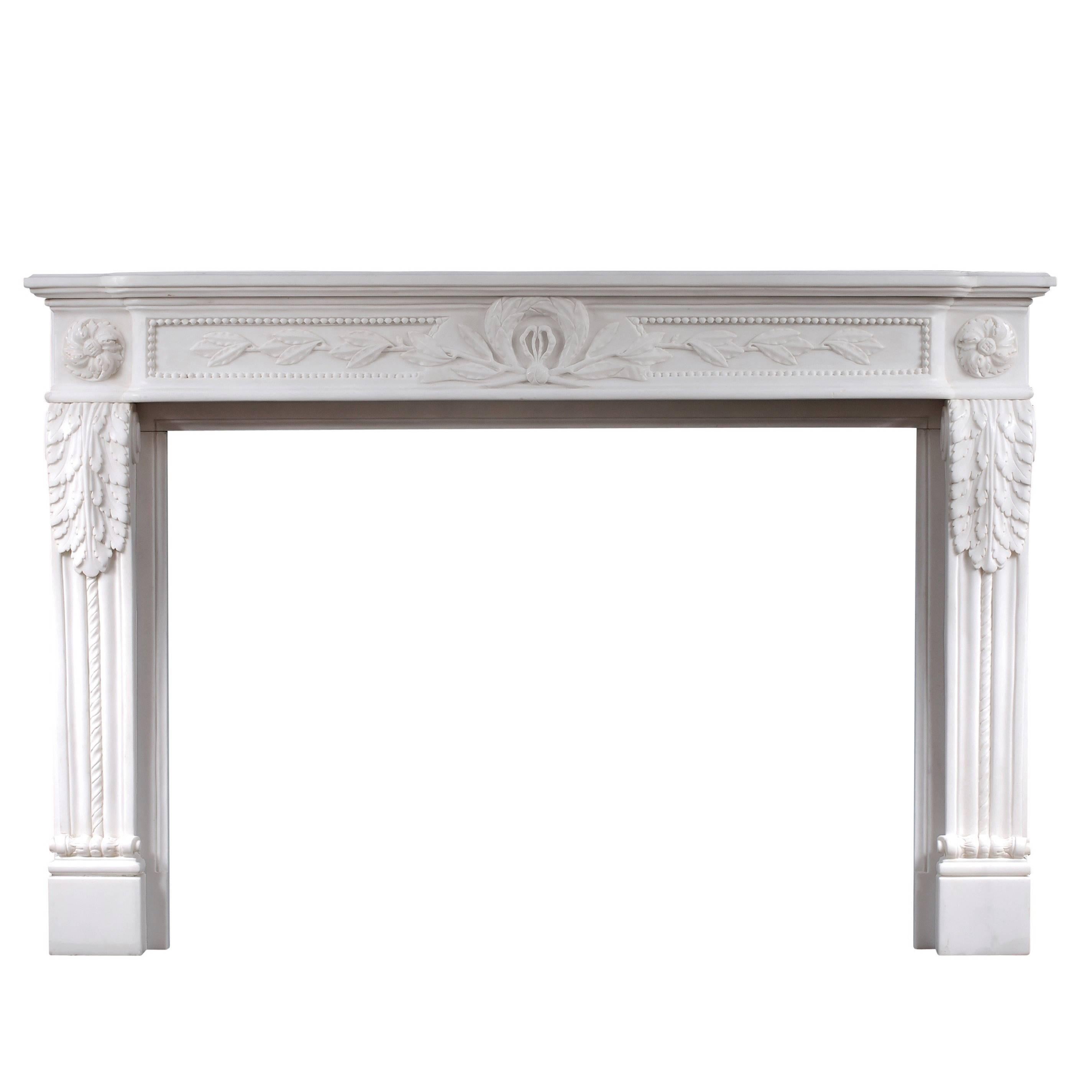 Carved French Louis XVI Style White Marble Fireplace